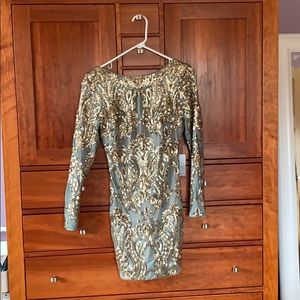 Light Blue & Gold Sequin Long Sleeve Bodycon Dress